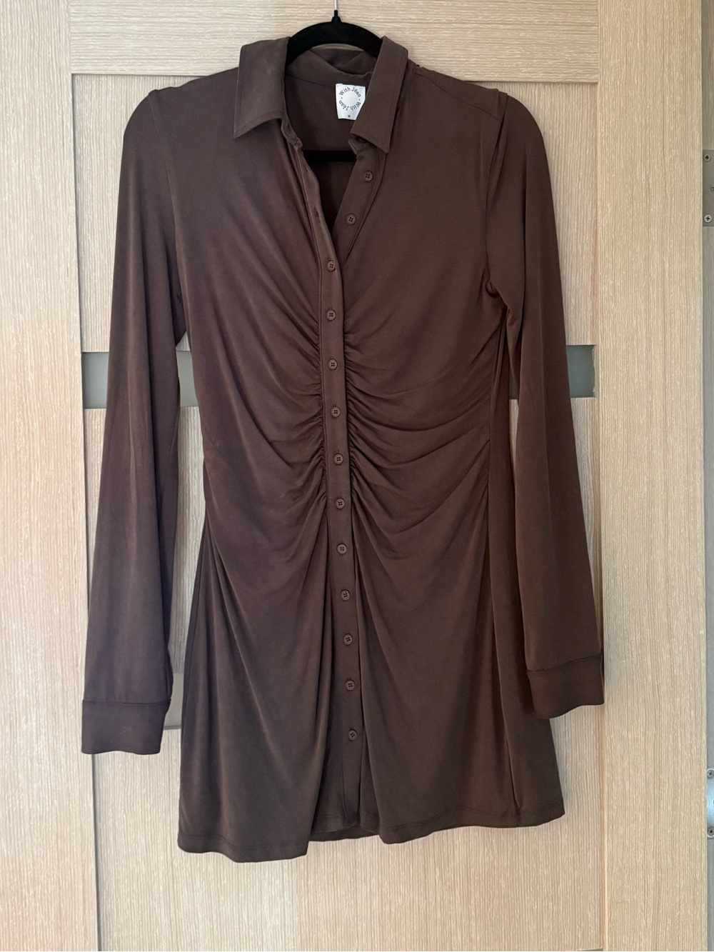With Jean Brown Ruched Button-Down Long Sleeve Top